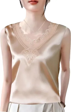 Women's Ruffled Lace Trim Satin Tank Top & Camisole Summer Breathable Sleeveless Vest V-Neck Loose Fit Casual Lounge Wear
