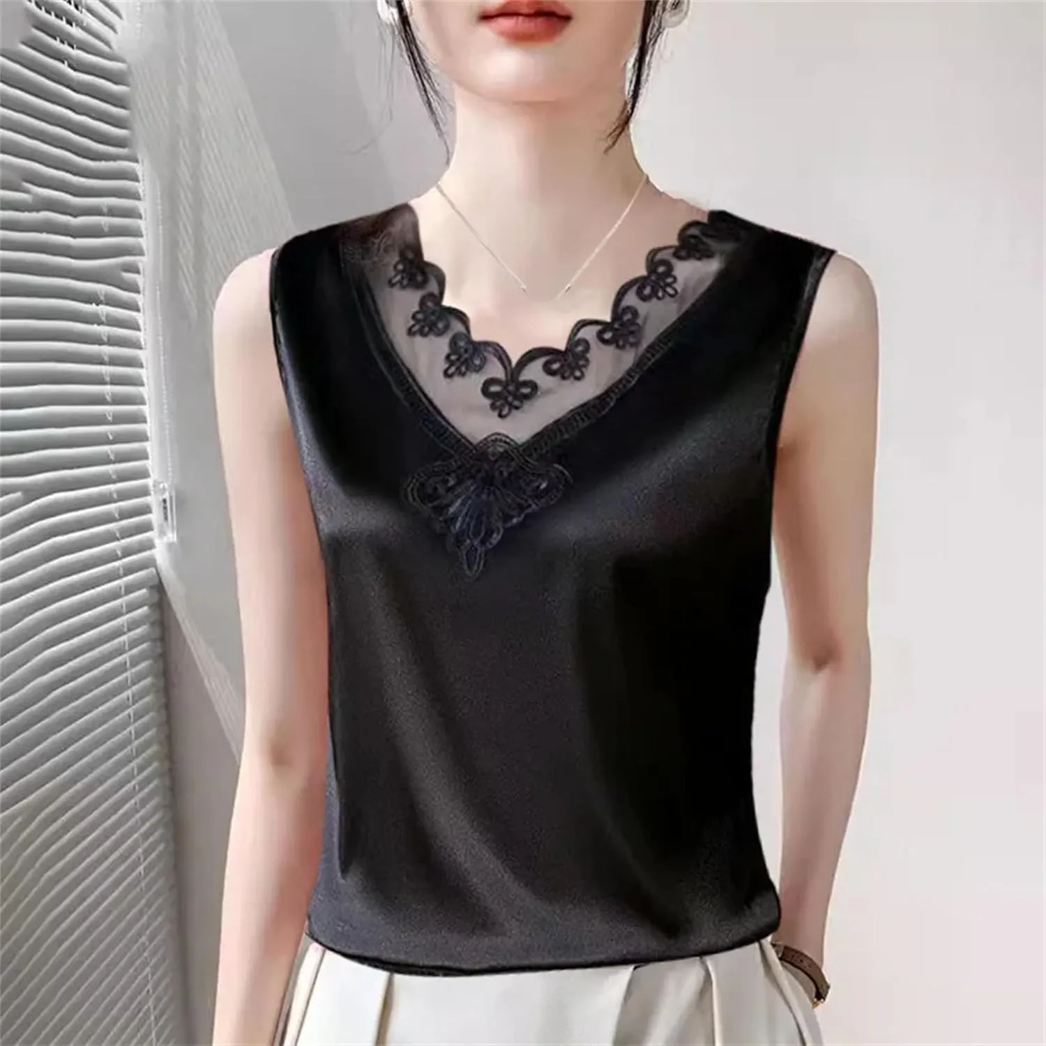 Women's Ruffled Lace Trim Satin Tank Top & Camisole Summer Breathable Sleeveless Vest V-Neck Loose Fit Casual Lounge Wear
