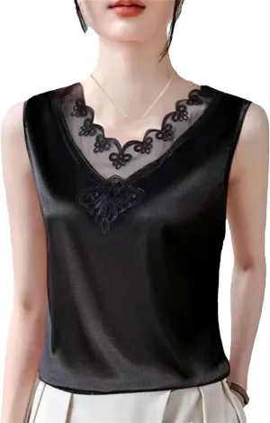Women's Ruffled Lace Trim Satin Tank Top & Camisole Summer Breathable Sleeveless Vest V-Neck Loose Fit Casual Lounge Wear