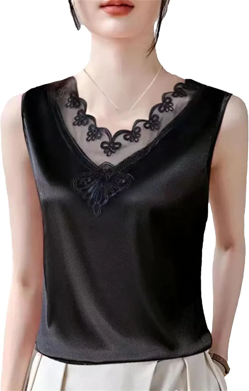 Women's Ruffled Lace Trim Satin Tank Top & Camisole Summer Breathable Sleeveless Vest V-Neck Loose Fit Casual Lounge Wear
