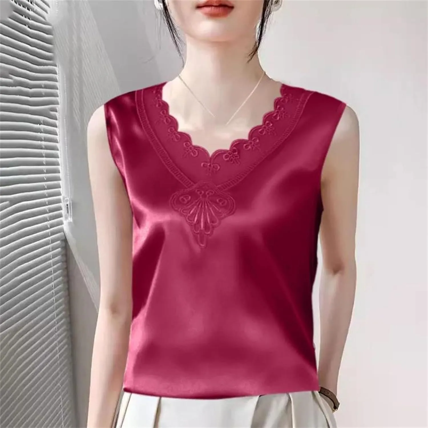 Women's Ruffled Lace Trim Satin Tank Top & Camisole Summer Breathable Sleeveless Vest V-Neck Loose Fit Casual Lounge Wear