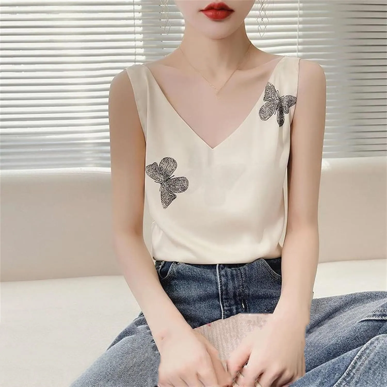 Women's Satin Tank Top & Camisole Summer Breathable Sleeveless V-Neck Strap Vest Business Casual Work Shirt Print Lounge Wear