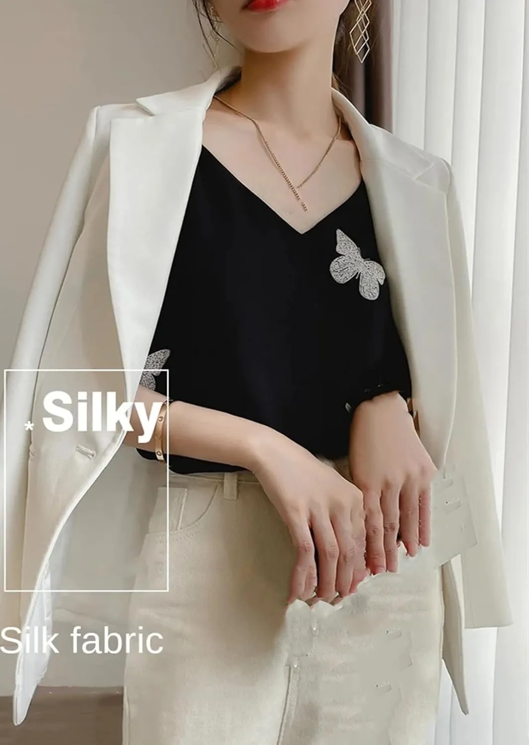 Women's Satin Tank Top & Camisole Summer Breathable Sleeveless V-Neck Strap Vest Business Casual Work Shirt Print Lounge Wear