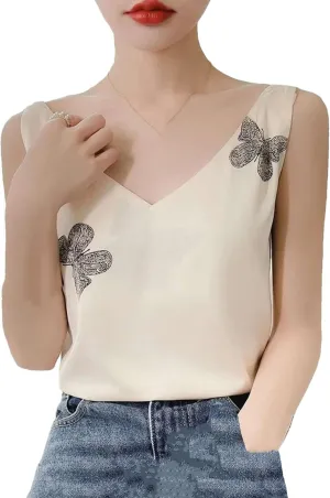 Women's Satin Tank Top & Camisole Summer Breathable Sleeveless V-Neck Strap Vest Business Casual Work Shirt Print Lounge Wear