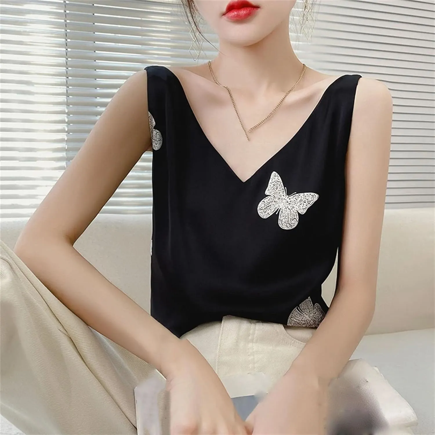 Women's Satin Tank Top & Camisole Summer Breathable Sleeveless V-Neck Strap Vest Business Casual Work Shirt Print Lounge Wear