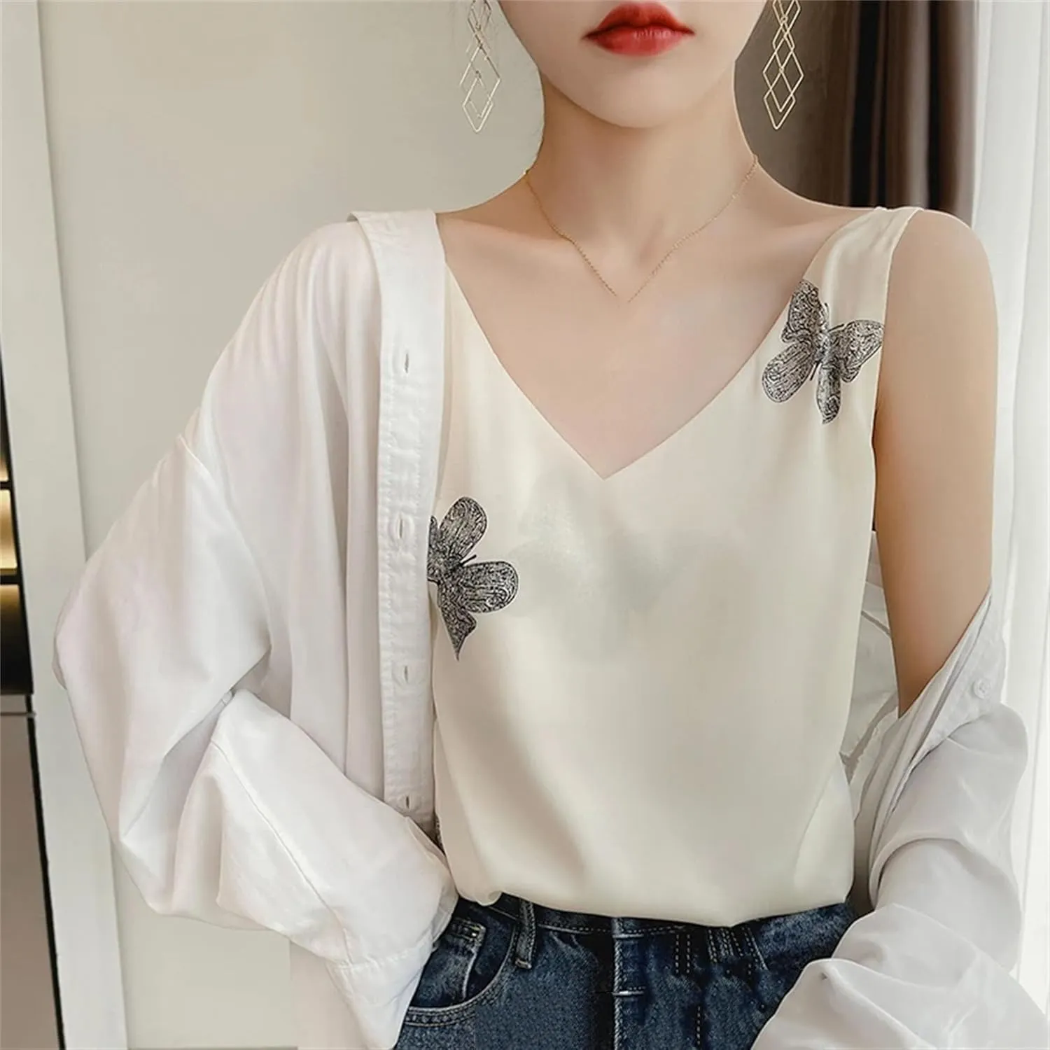 Women's Satin Tank Top & Camisole Summer Breathable Sleeveless V-Neck Strap Vest Business Casual Work Shirt Print Lounge Wear