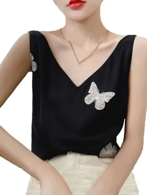 Women's Satin Tank Top & Camisole Summer Breathable Sleeveless V-Neck Strap Vest Business Casual Work Shirt Print Lounge Wear