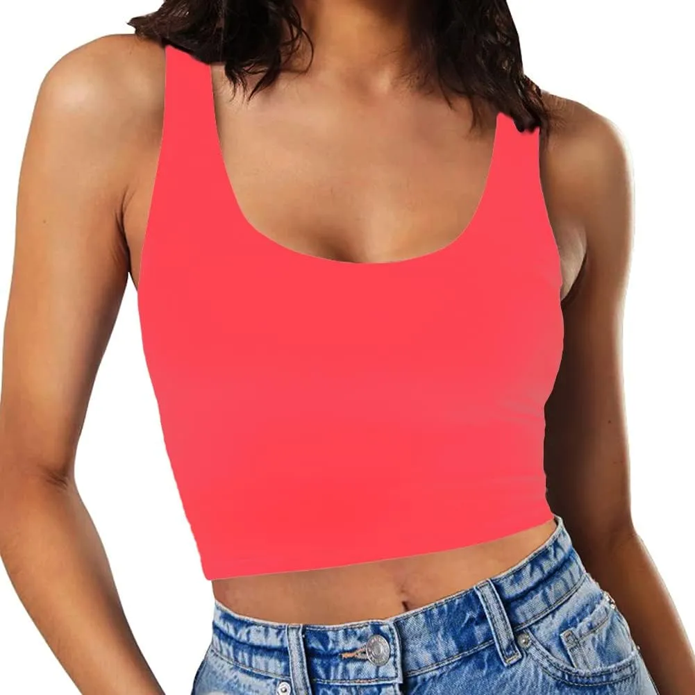 Womens Sexy Sleeveless Crop Tops Double Layer Scoop Neck Cropped Tank Top