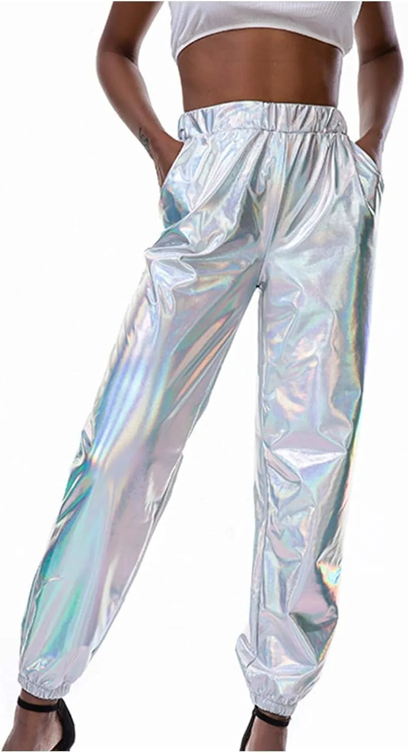 Womens Shiny Metallic High Waist Stretchy Jogger Pants Hip Hop Clubwear Holographic Trousers Sweatpant for 70s 80s