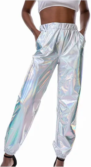 Womens Shiny Metallic High Waist Stretchy Jogger Pants Hip Hop Clubwear Holographic Trousers Sweatpant for 70s 80s