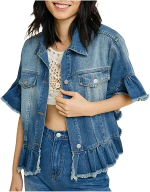 Womens Short Ruffle Trim Sleeves Washed Denim Jacket Button Down Jean Jacket with Ruffle Hem