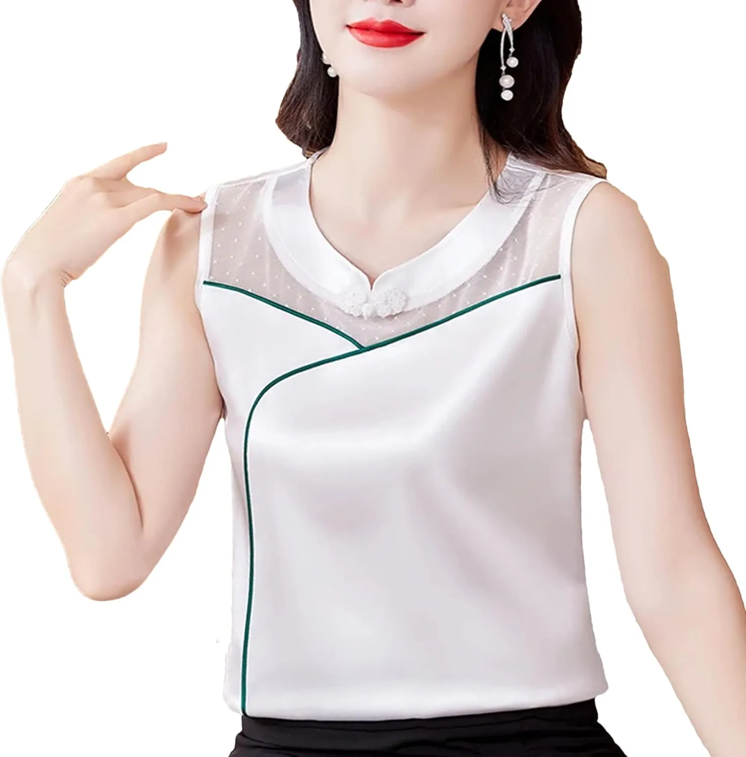 Women's Silk Satin Tank Top Camisole Summer Loose Fit Sleeveless Vest Seamless Casual Lounge Wear O-Neck Patchwork Undershirt