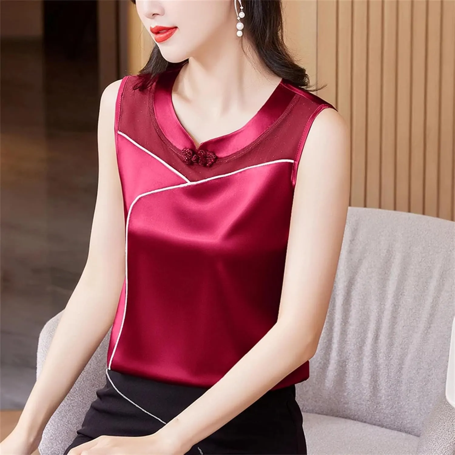 Women's Silk Satin Tank Top Camisole Summer Loose Fit Sleeveless Vest Seamless Casual Lounge Wear O-Neck Patchwork Undershirt