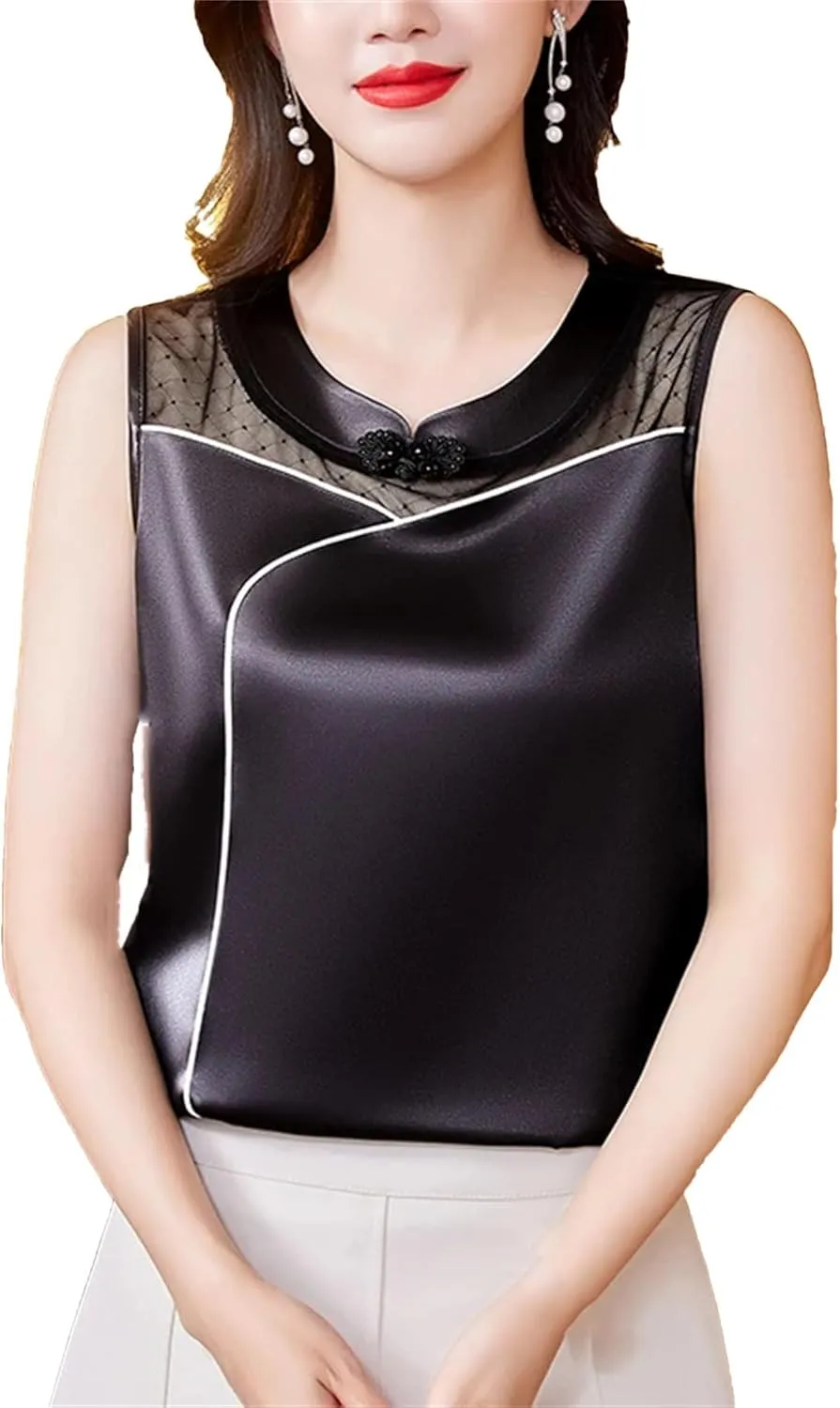 Women's Silk Satin Tank Top Camisole Summer Loose Fit Sleeveless Vest Seamless Casual Lounge Wear O-Neck Patchwork Undershirt