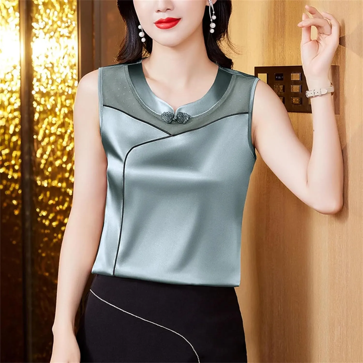 Women's Silk Satin Tank Top Camisole Summer Loose Fit Sleeveless Vest Seamless Casual Lounge Wear O-Neck Patchwork Undershirt