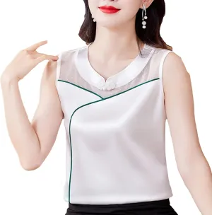 Women's Silk Satin Tank Top Camisole Summer Loose Fit Sleeveless Vest Seamless Casual Lounge Wear O-Neck Patchwork Undershirt