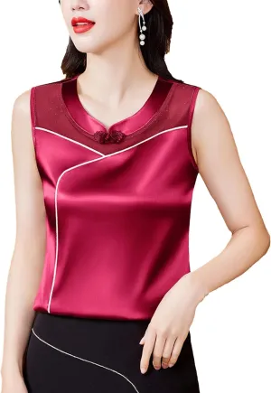 Women's Silk Satin Tank Top Camisole Summer Loose Fit Sleeveless Vest Seamless Casual Lounge Wear O-Neck Patchwork Undershirt