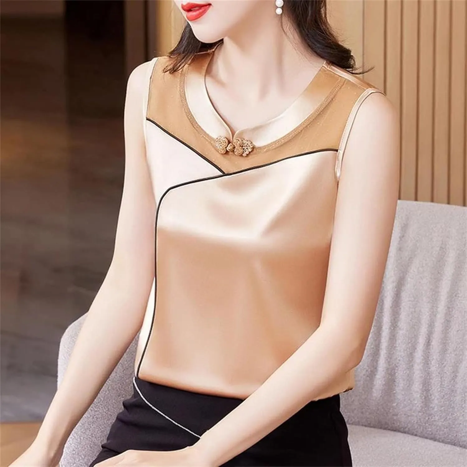 Women's Silk Satin Tank Top Camisole Summer Loose Fit Sleeveless Vest Seamless Casual Lounge Wear O-Neck Patchwork Undershirt