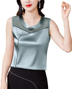 Women's Silk Satin Tank Top Camisole Summer Loose Fit Sleeveless Vest Seamless Casual Lounge Wear O-Neck Patchwork Undershirt