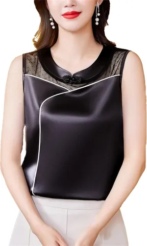 Women's Silk Satin Tank Top Camisole Summer Loose Fit Sleeveless Vest Seamless Casual Lounge Wear O-Neck Patchwork Undershirt