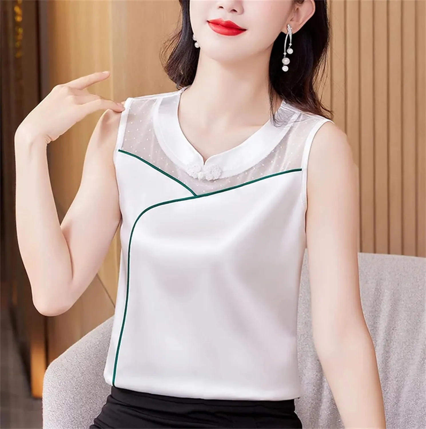 Women's Silk Satin Tank Top Camisole Summer Loose Fit Sleeveless Vest Seamless Casual Lounge Wear O-Neck Patchwork Undershirt