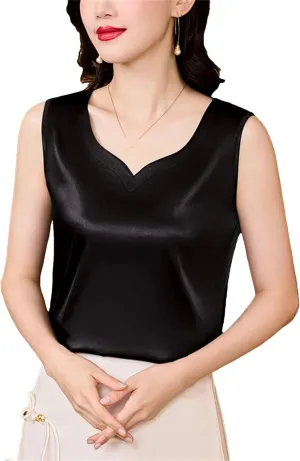Women's Silk Satin V-Neck Tank Top Camisole Summer Loose Fit Sleeveless Vest with Lace Trim Breathable Casual Lounge Wear