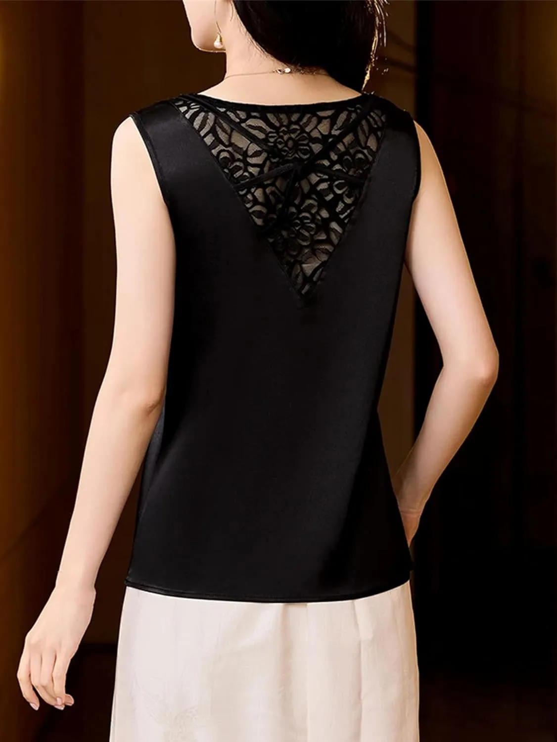 Women's Silk Satin V-Neck Tank Top Camisole Summer Loose Fit Sleeveless Vest with Lace Trim Breathable Casual Lounge Wear