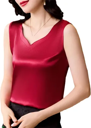 Women's Silk Satin V-Neck Tank Top Camisole Summer Loose Fit Sleeveless Vest with Lace Trim Breathable Casual Lounge Wear