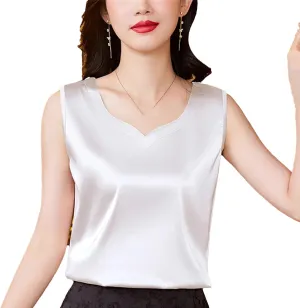 Women's Silk Satin V-Neck Tank Top Camisole Summer Loose Fit Sleeveless Vest with Lace Trim Breathable Casual Lounge Wear