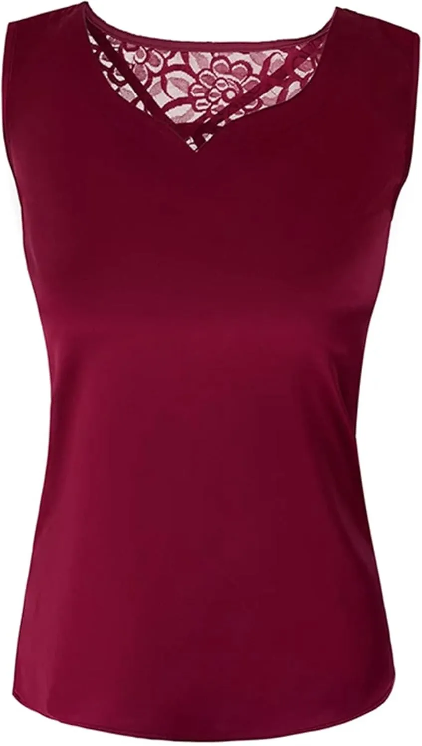 Women's Silk Satin V-Neck Tank Top Camisole Summer Loose Fit Sleeveless Vest with Lace Trim Breathable Casual Lounge Wear