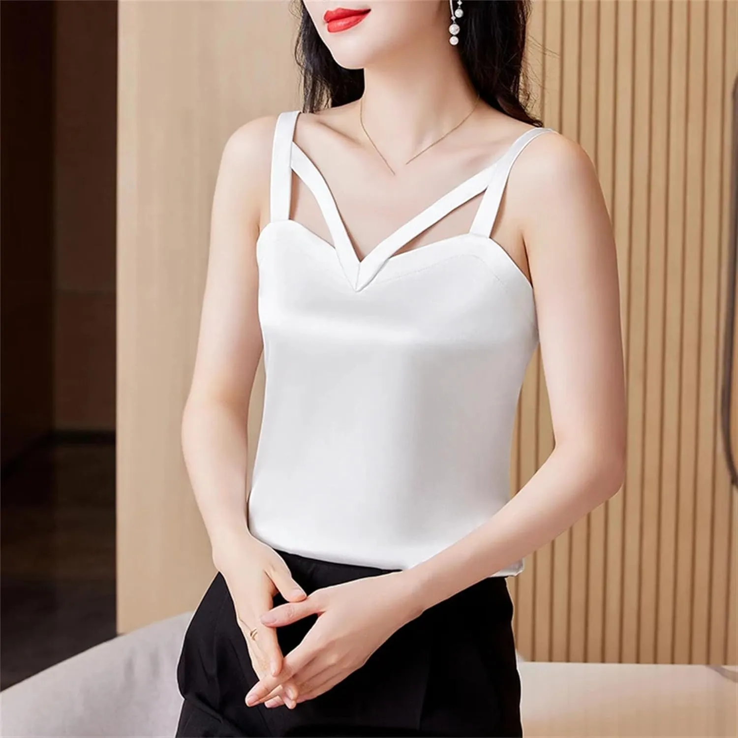 Women's Silk Satin V-Neck Tank Top Camisole Summer Sleeveless Hollow Out Vest Breathable Lounge Wear Casual Loose Fit Cami