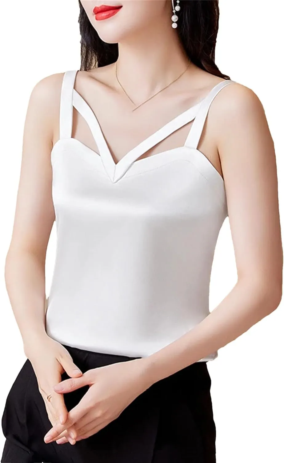 Women's Silk Satin V-Neck Tank Top Camisole Summer Sleeveless Hollow Out Vest Breathable Lounge Wear Casual Loose Fit Cami