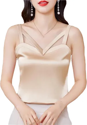 Women's Silk Satin V-Neck Tank Top Camisole Summer Sleeveless Hollow Out Vest Breathable Lounge Wear Casual Loose Fit Cami