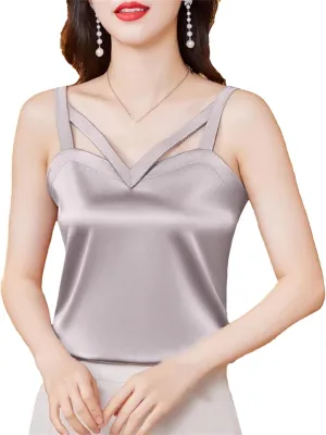 Women's Silk Satin V-Neck Tank Top Camisole Summer Sleeveless Hollow Out Vest Breathable Lounge Wear Casual Loose Fit Cami