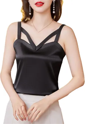 Women's Silk Satin V-Neck Tank Top Camisole Summer Sleeveless Hollow Out Vest Breathable Lounge Wear Casual Loose Fit Cami
