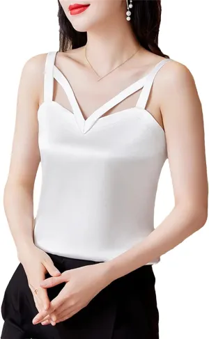 Women's Silk Satin V-Neck Tank Top Camisole Summer Sleeveless Hollow Out Vest Breathable Lounge Wear Casual Loose Fit Cami