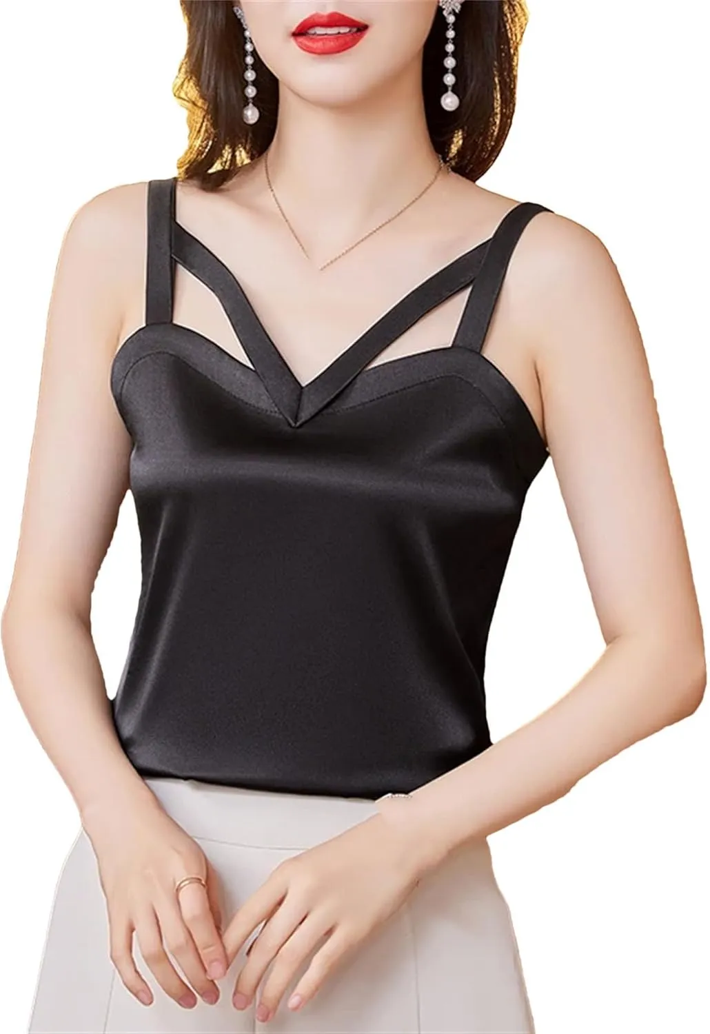 Women's Silk Satin V-Neck Tank Top Camisole Summer Sleeveless Hollow Out Vest Breathable Lounge Wear Casual Loose Fit Cami