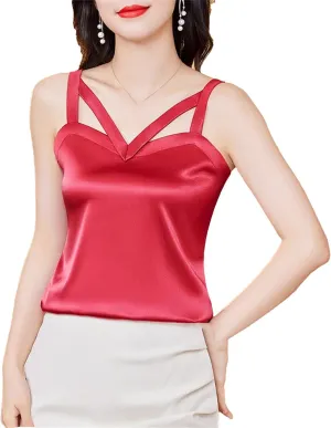 Women's Silk Satin V-Neck Tank Top Camisole Summer Sleeveless Hollow Out Vest Breathable Lounge Wear Casual Loose Fit Cami