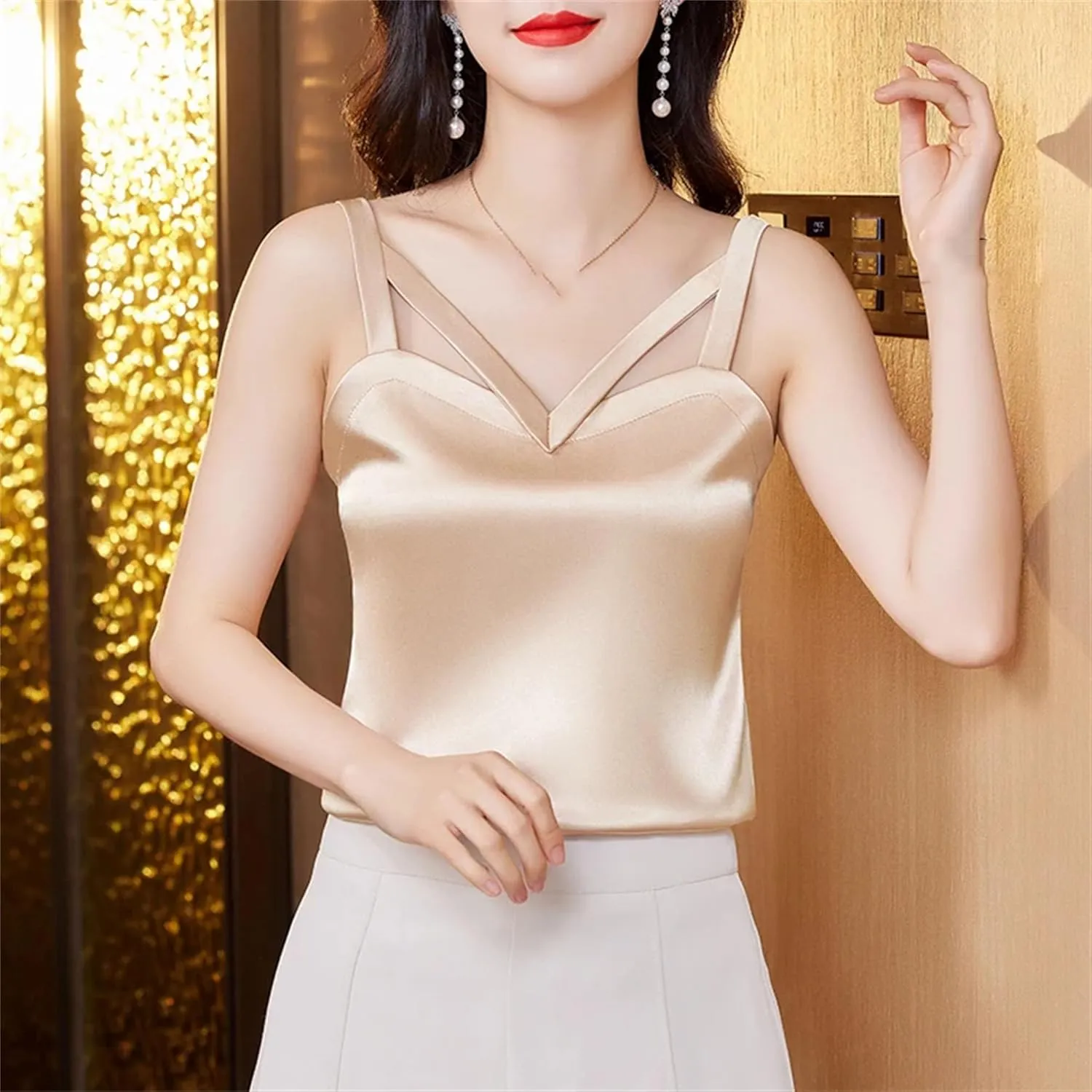 Women's Silk Satin V-Neck Tank Top Camisole Summer Sleeveless Hollow Out Vest Breathable Lounge Wear Casual Loose Fit Cami