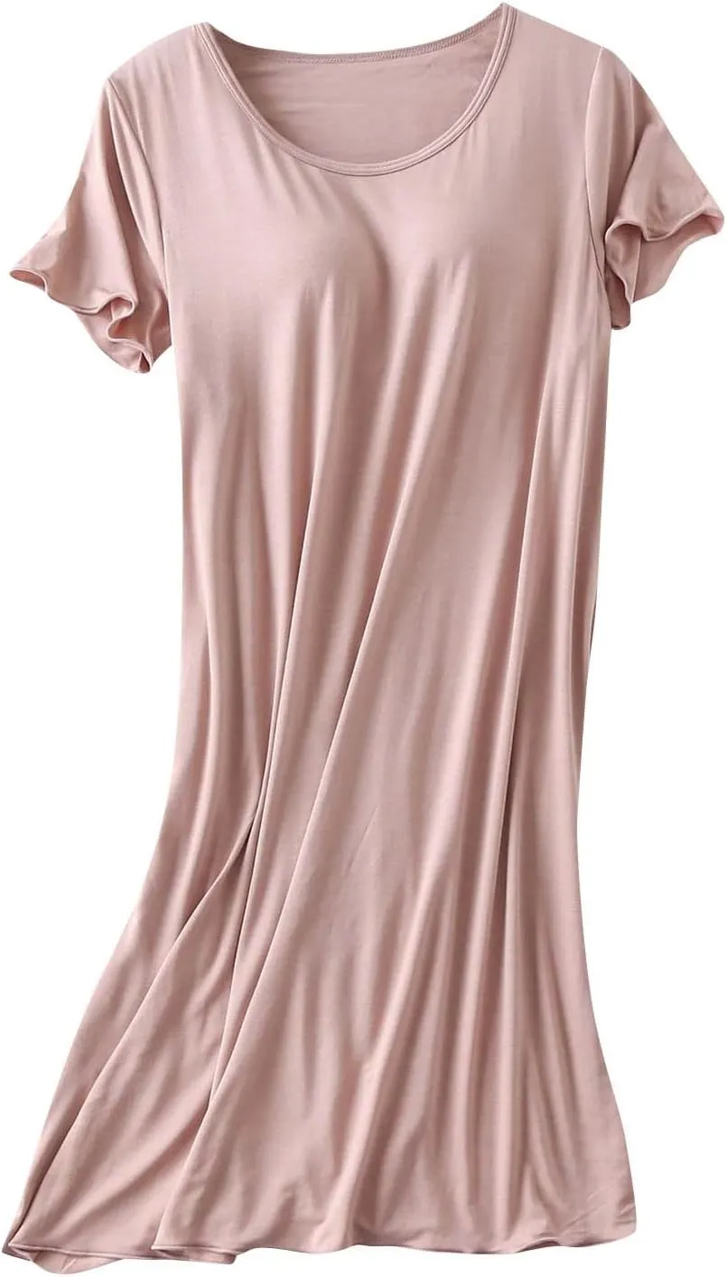 Womens Soft Nightgown Short Sleeve Nightshirt with Built in Bra Solid Sleepwear Comfy Loungewear Pajamas