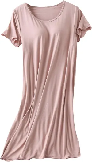 Womens Soft Nightgown Short Sleeve Nightshirt with Built in Bra Solid Sleepwear Comfy Loungewear Pajamas
