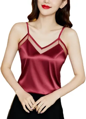 Women's Solid Color Casual V-Neck Hollow Double-Layer Satin Camisole Top