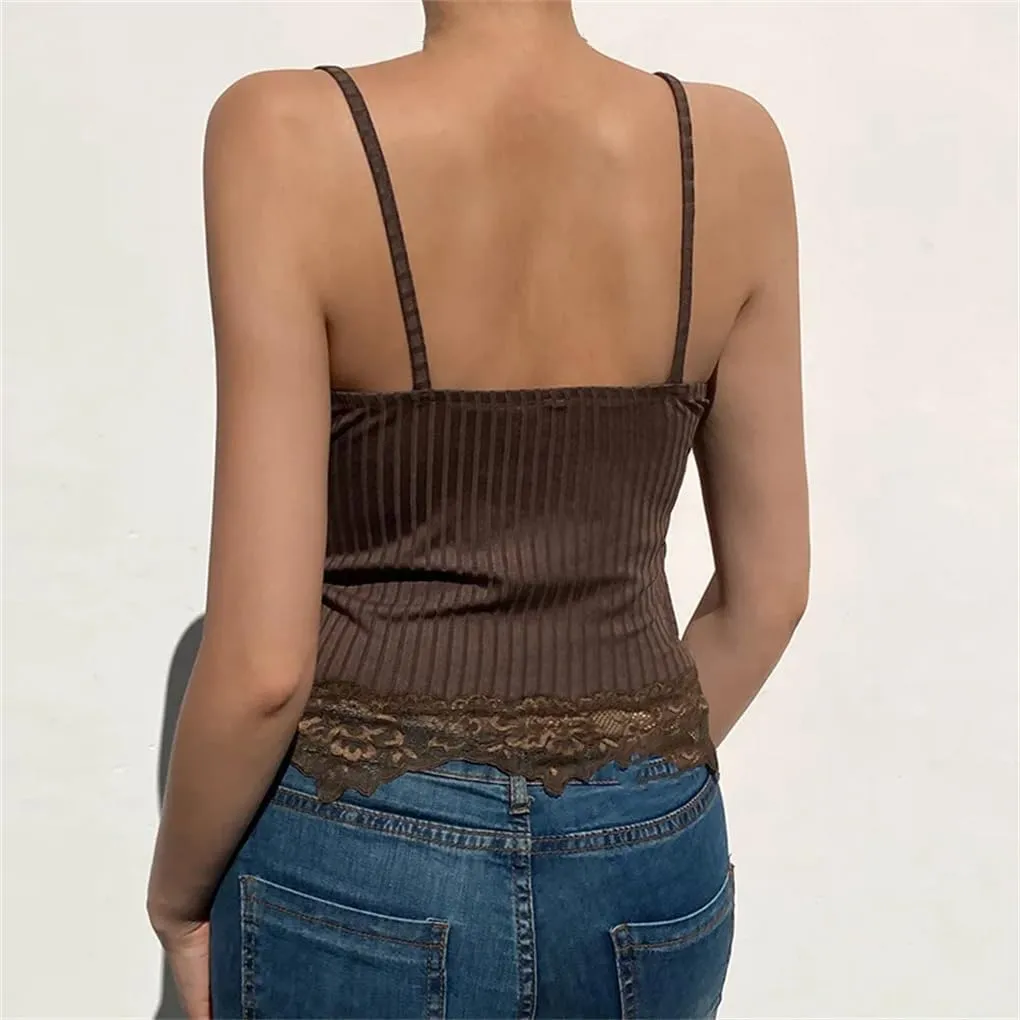 Women's Solid Color V-Neck Retro Lace Stitching Short Knitted Camisole Top