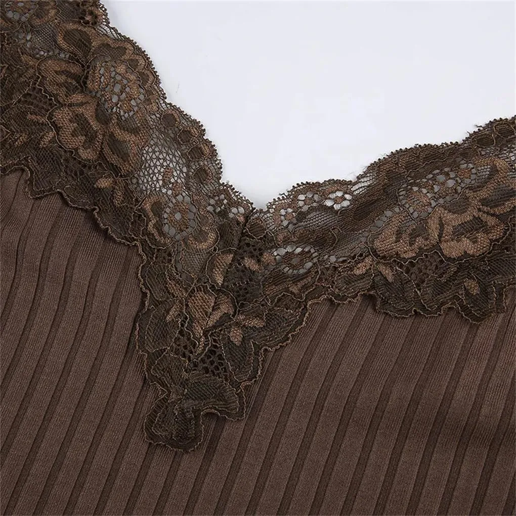 Women's Solid Color V-Neck Retro Lace Stitching Short Knitted Camisole Top