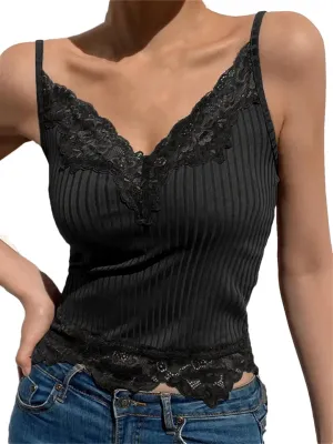 Women's Solid Color V-Neck Retro Lace Stitching Short Knitted Camisole Top