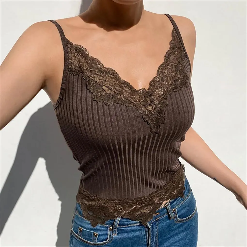 Women's Solid Color V-Neck Retro Lace Stitching Short Knitted Camisole Top