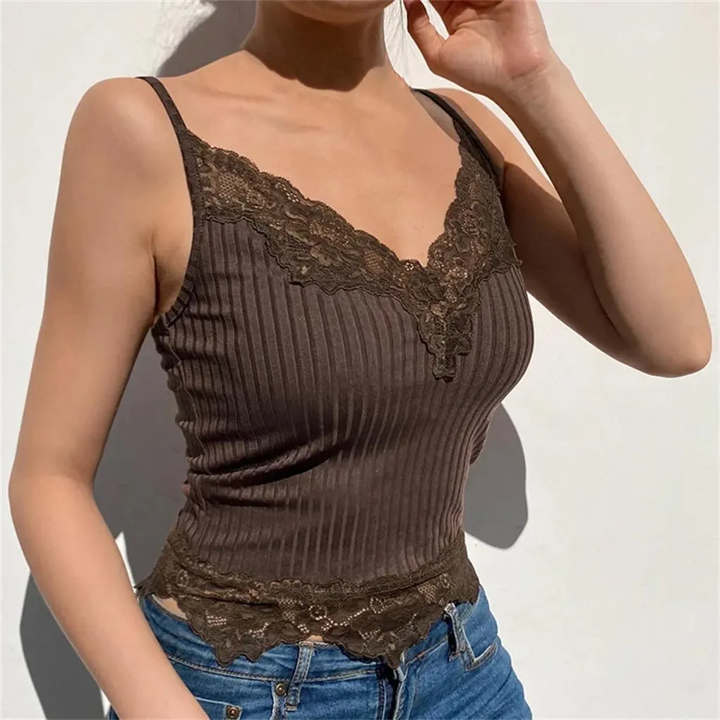 Women's Solid Color V-Neck Retro Lace Stitching Short Knitted Camisole Top