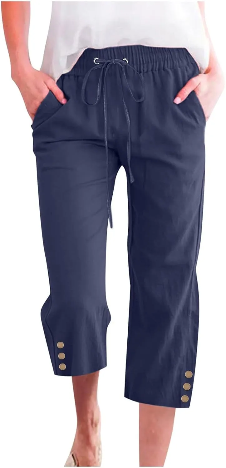 Womens Straight Leg Pants Drawstring Elastic Waist Button Fly Cropped Trousers Summer Beach Casual Loose Vacation Capri Pants