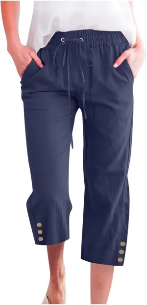 Womens Straight Leg Pants Drawstring Elastic Waist Button Fly Cropped Trousers Summer Beach Casual Loose Vacation Capri Pants