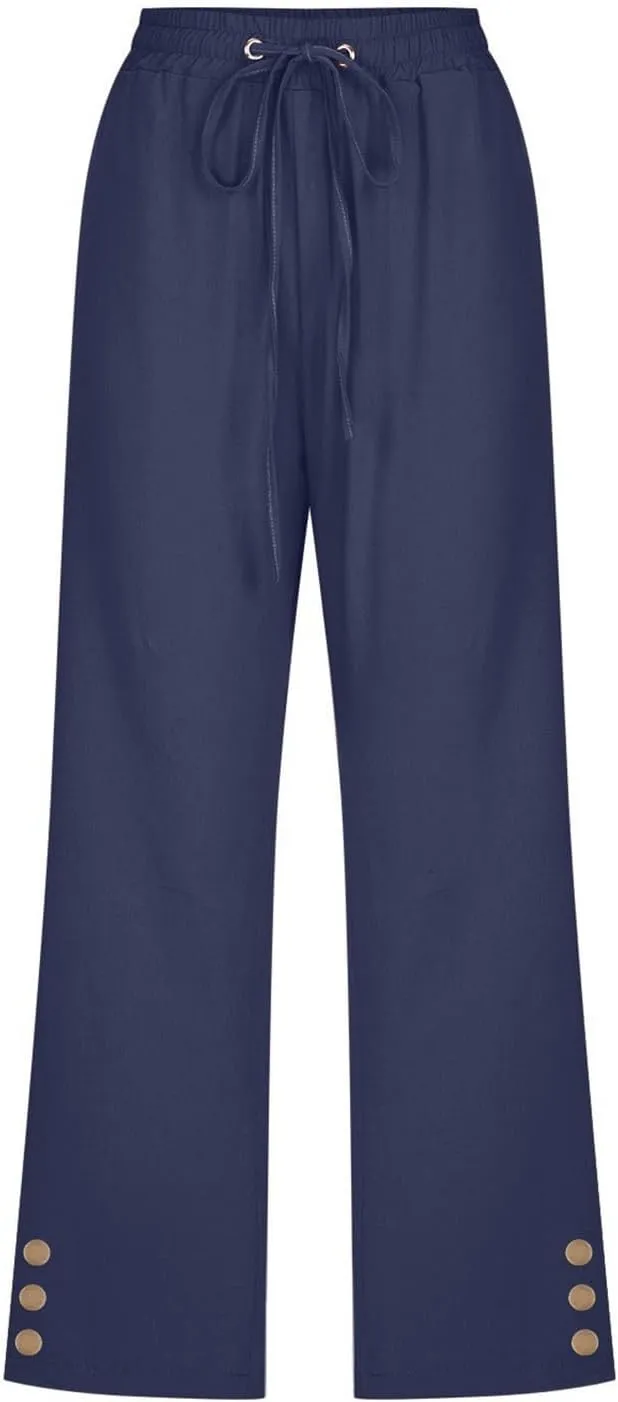 Womens Straight Leg Pants Drawstring Elastic Waist Button Fly Cropped Trousers Summer Beach Casual Loose Vacation Capri Pants